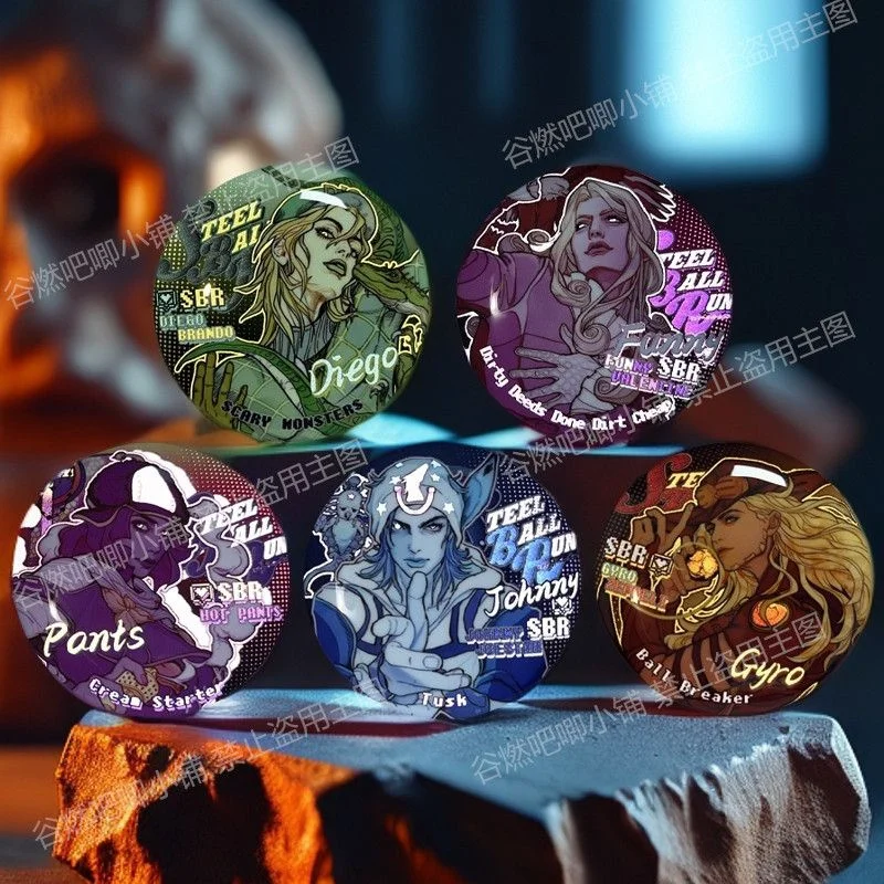 Anime STEEL BALL RUN JOJO SBR Joestar Zeppeli Cosplay Badge Reflective Brooch Figure Lapel Pins Bag Backpack Accessories Prop