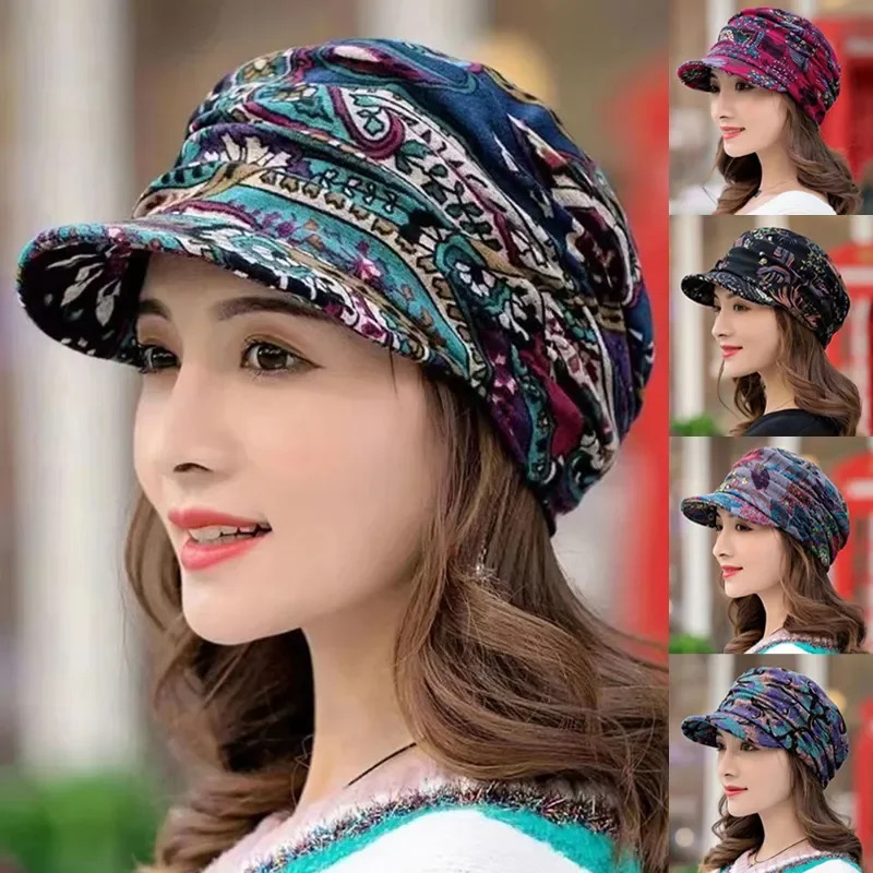 Women Hat Short Brim Warm Foldable Earflap Women Cap Ethnic Style Floral Print Autumn Winter Hat Daily Clothing Turban Visor