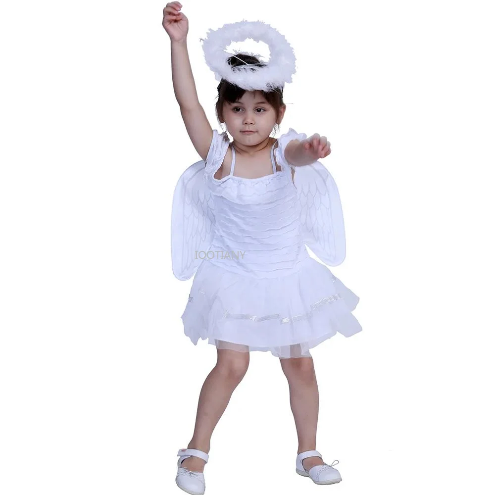 

Wave Angel Performance Set White Dress Angel Wings Girl Dress Princess Halo Fancy Halloween Costumes