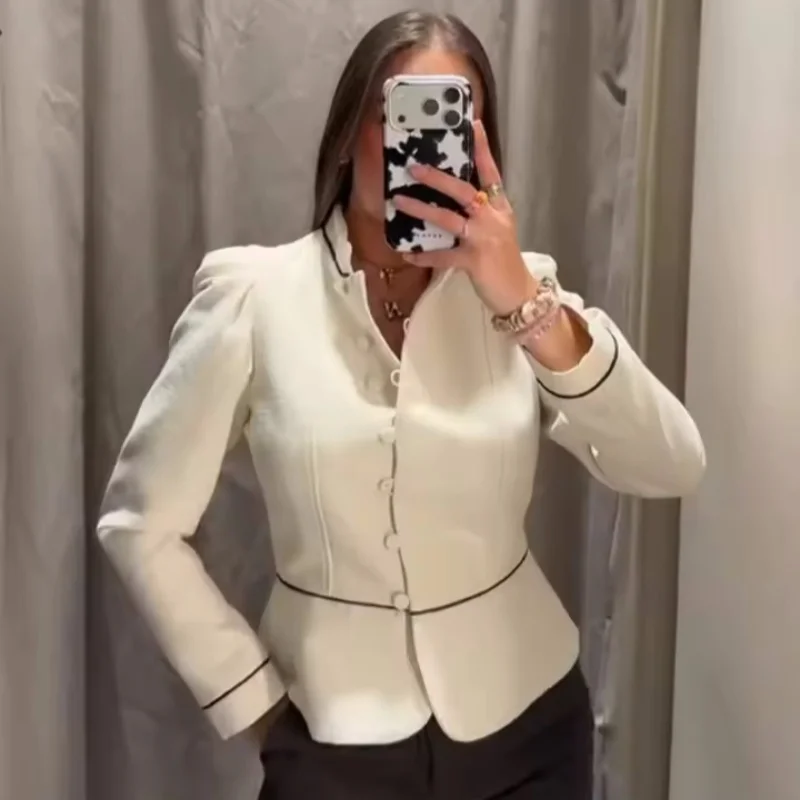 

Off White Cropped Jacket Stand Collar Black Contrast Piping Trim Single Row Buttons Puff Shoulder Elegant Office Outerwear