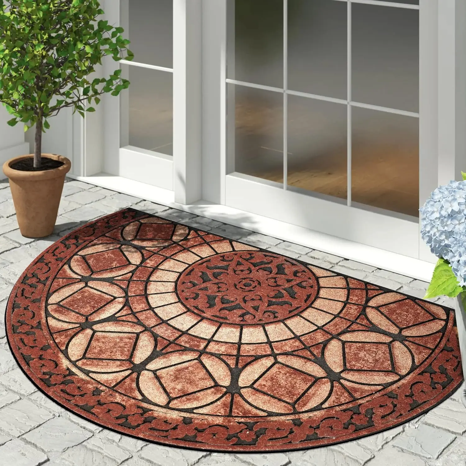Boho Terracotta Half Round Rug, Non-slip & Durable, Antique Geometric Semicircle Mat for Patio Decor