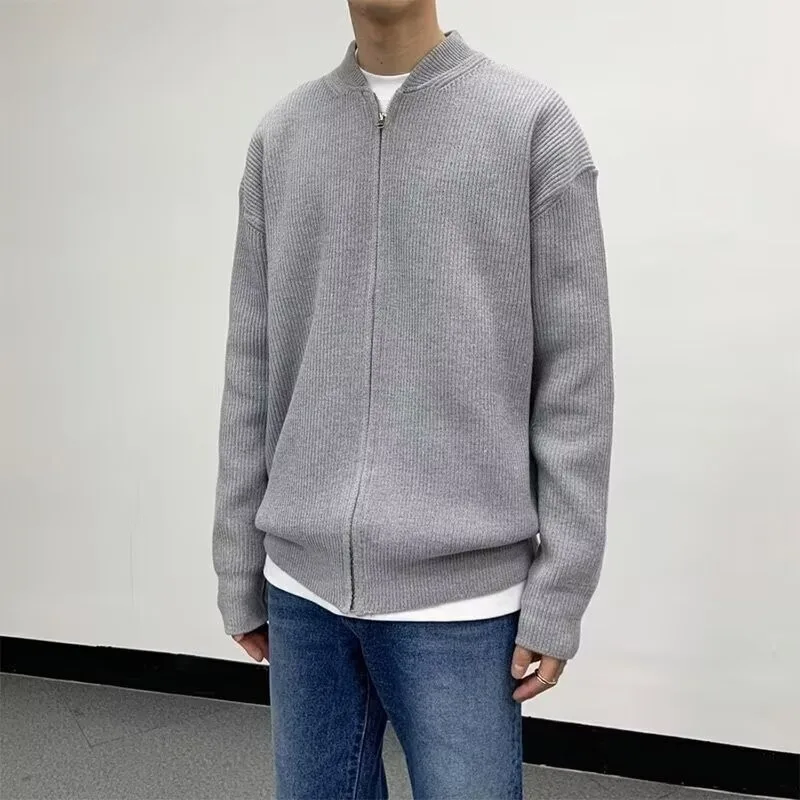 

Zipper Design Knitwear Cardigan Sweater Men's Winter Sweater Simple Versatile Pure Color Slim Outerwear Knitted Collar Cardigan