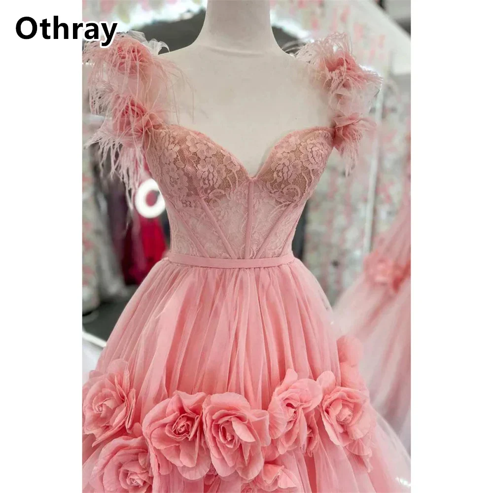 Othray Sweet Pink Prom Dresses Lace Exposed Boning Feathers Shoulder A Line 3D Rose Wedding Gowns Formal robes de soirée