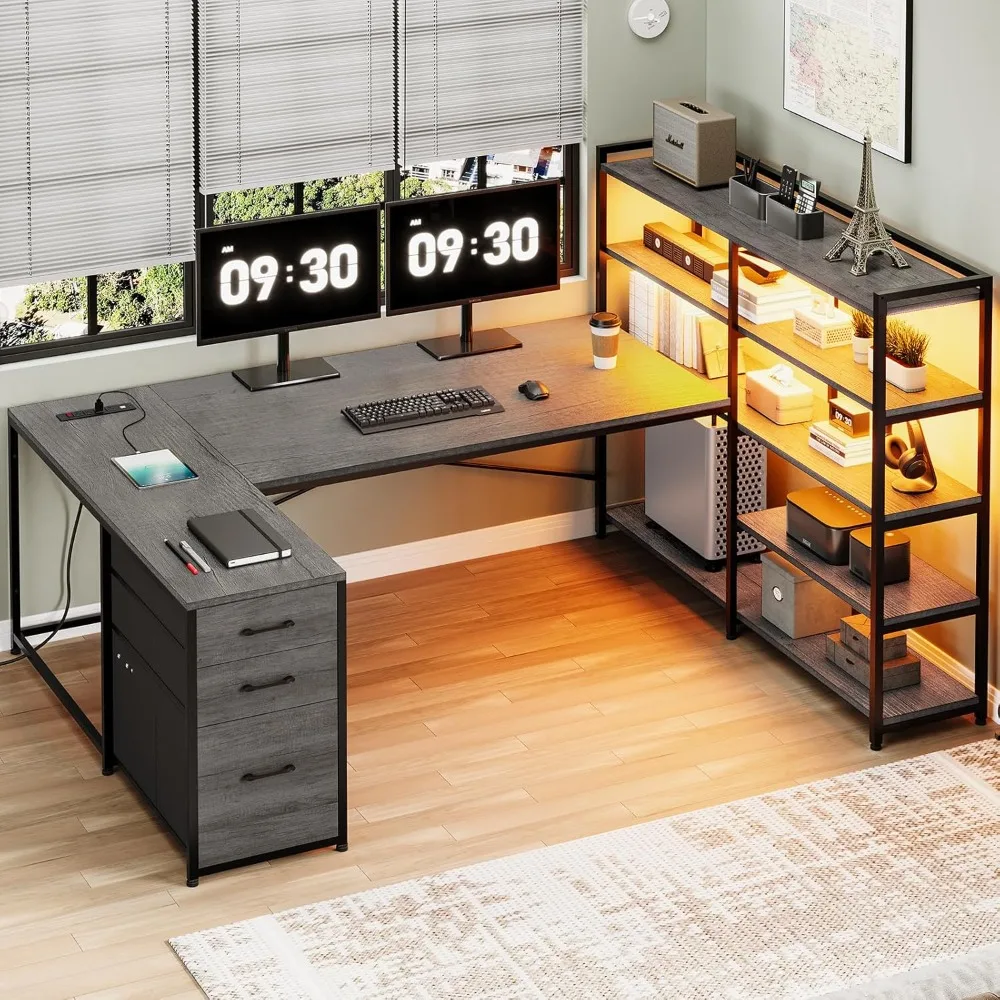 

Corner Computer Desk, Reversible U-Shaped Office Desk with 3 Fabric Drawers & Power Outlet, Gaming Desk with LED Lights – Multi-