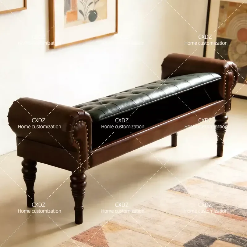 Simple Leather Bedside Bench Bedroom Storage Ottoman Long Stool Shoe Changing Seat Couch for End of Bed Rural Style Furniture