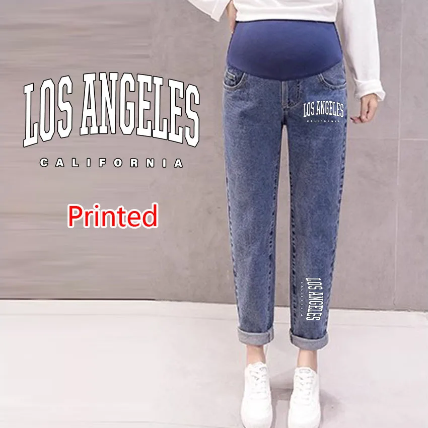 

Maternity Vintgae Washed Denim Jeans Los Angeles Letter Printing Pregnant Women Clothes Belly Loose Pants Pregnancy Clothing