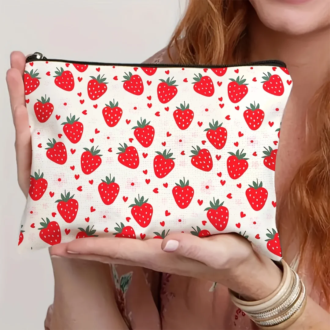 Chic Strawberry Heart Print Makeup Bag Spacious Cosmetic Organizer Zipper Cosmetic Pouch Coin Purse Storage Bag Pencil Case Use