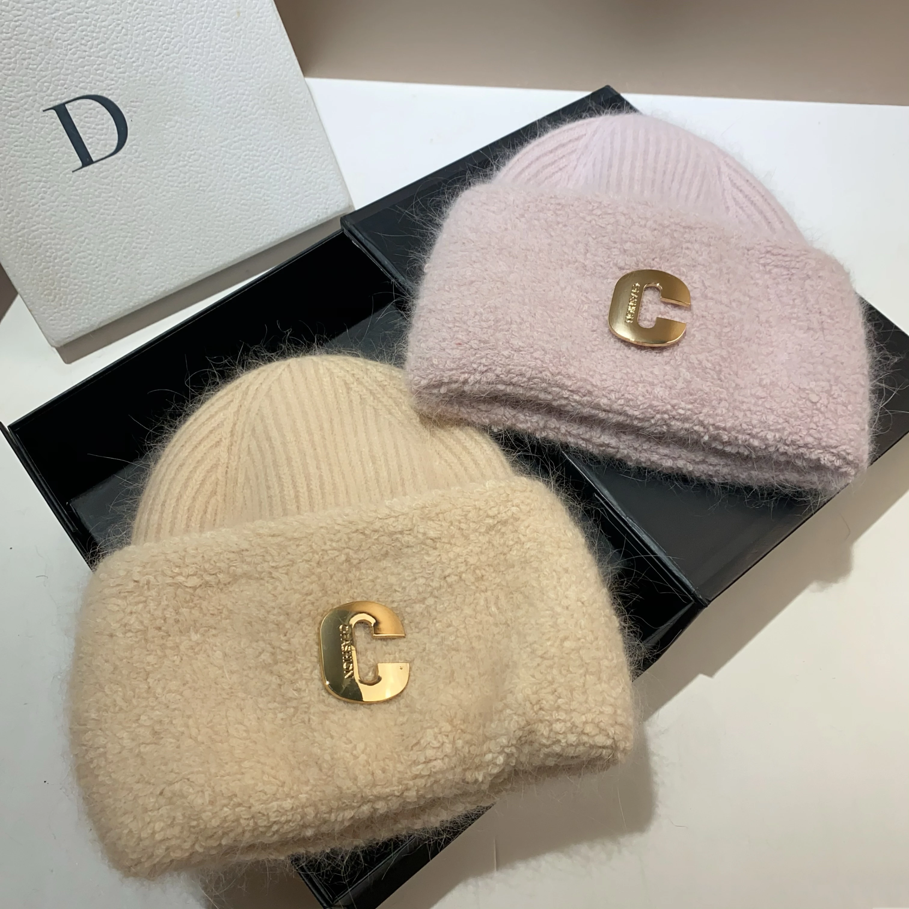 Export Russia reinforced rabbit hair knitted hat C letter cold winter warm outdoor windproof ear protection hat