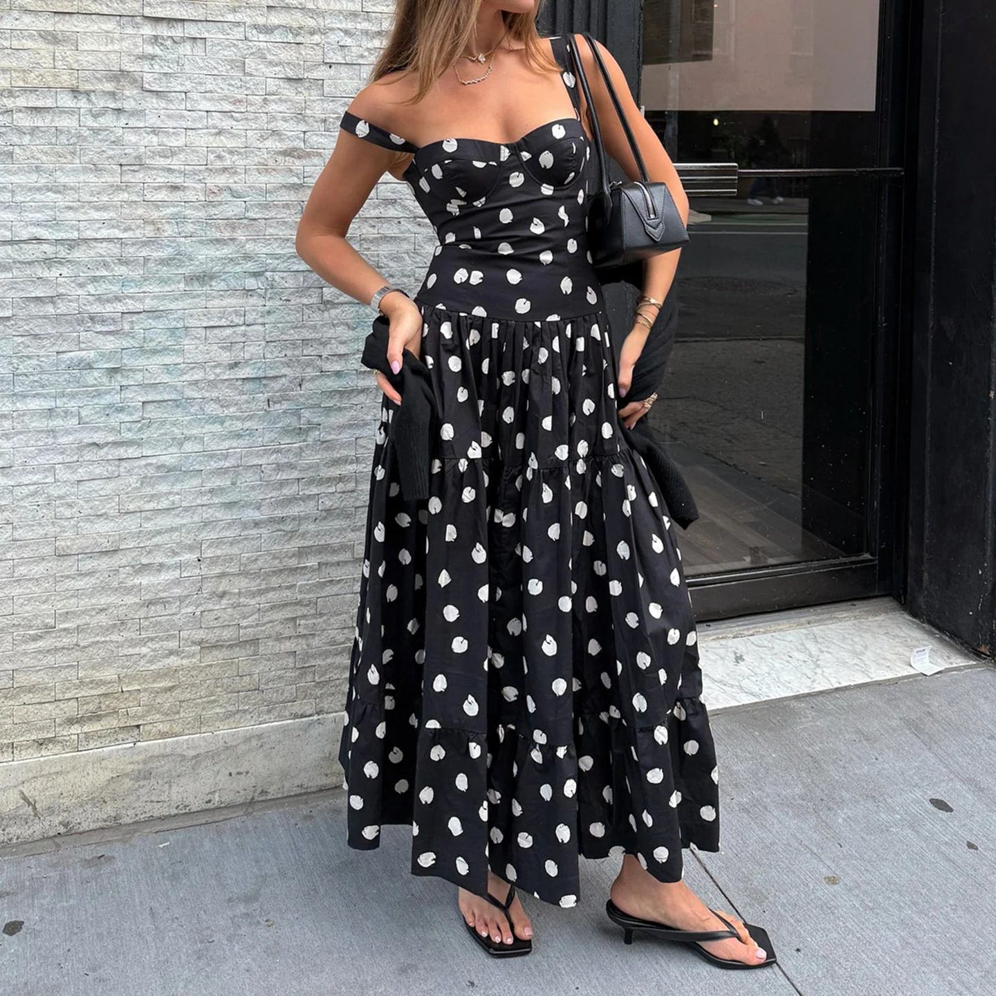 Férias polka dot a linha vestido fino-encaixe slash neck sem mangas maxi vestidos para mulher 2025 verão elegante moda streetwear