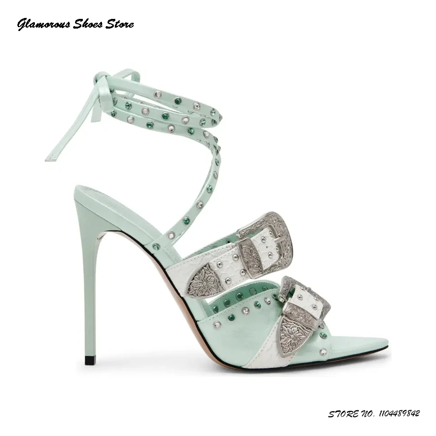 

Vintage Buckle Strap and Studded Sandals Women's Pointed Open Toe Thin Heels Party Dress Shoes Summer Ankle Strap Chic Stilettos