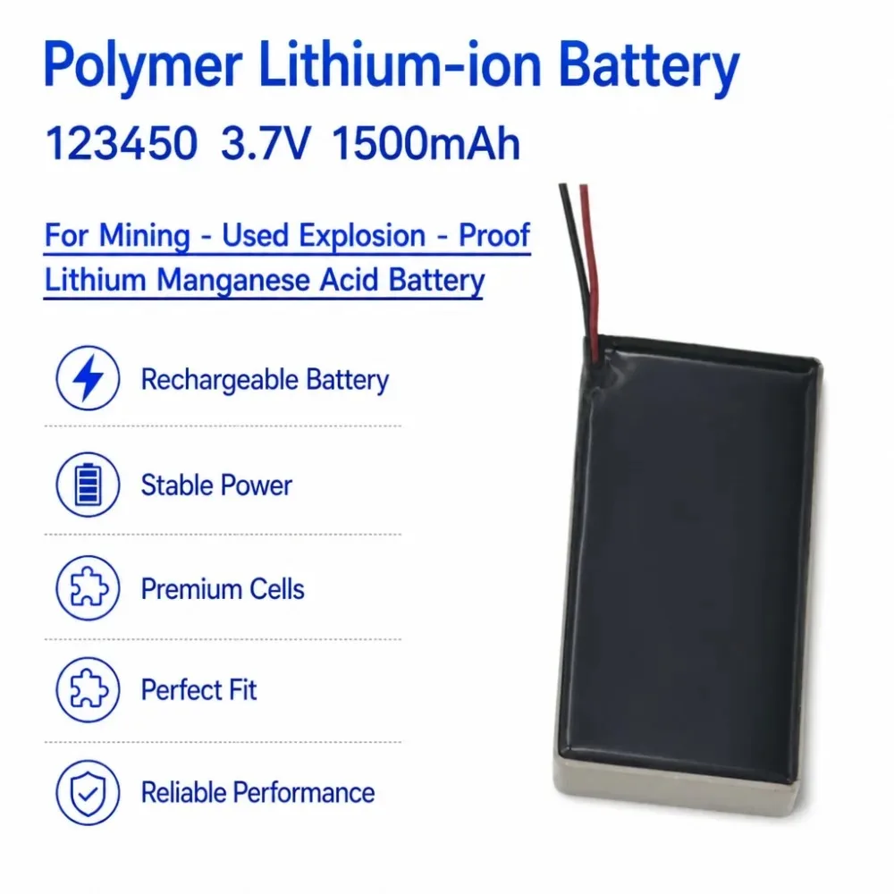 123450 3.7V 1500mAh Lithium Manganese Oxide Polymer Li-ion Battery Explosion-Proof RechargeableCell ForMiningEquipment MinerLamp