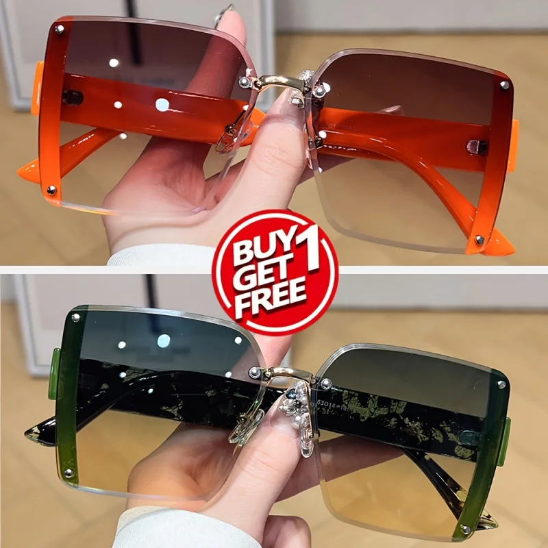 

2-Pack Unisex rectangular fashion sunglasses with decorative lenses & Golden-tone accents