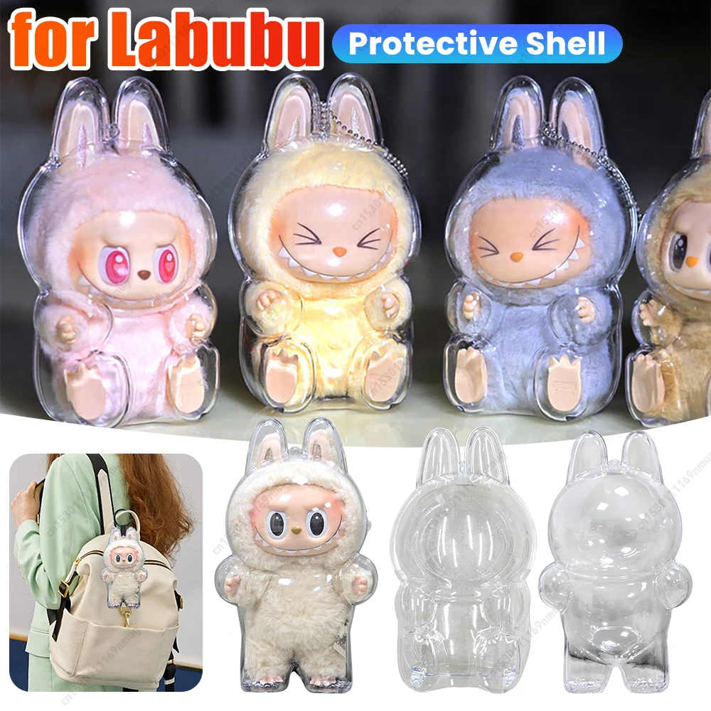 Transparante beschermhoes voor Labubu V1 V2 pluche poppen displayhoes draagbare opbergdoos voor zitten staande feestserie