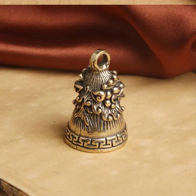 Handmade Sacred beast lucky brass bell keychain bell Vintage-style Carved Engraved Brass Silver Gift