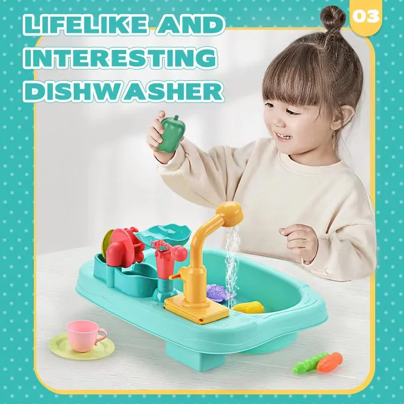 Crianças pia da cozinha brinquedos máquina de lavar louça elétrica jogando brinquedo com água corrente fingir jogar comida pesca brinquedo role playing meninas brinquedos