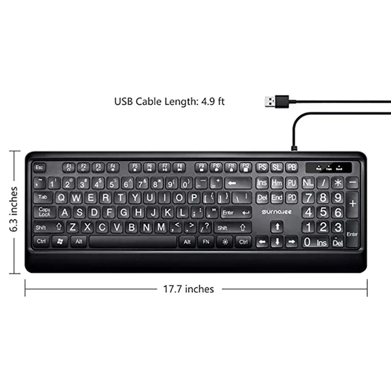 Large Font Print USB LED Backlit Keyboard 104 Keys Full Size Computer Keyboard for Seniors and Low Individuals