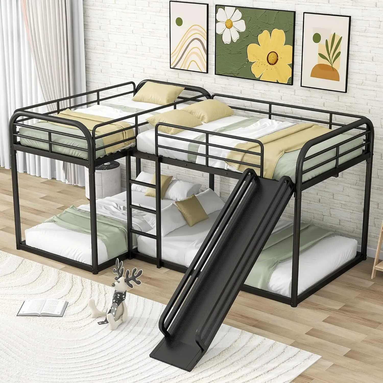 

Quad Bunk Bed With Slide, L Shaped Bunk Bed For 4, Heavy-Duty Metal Floor Bunk Bed Frame Full And Twin Size For Kids Teens