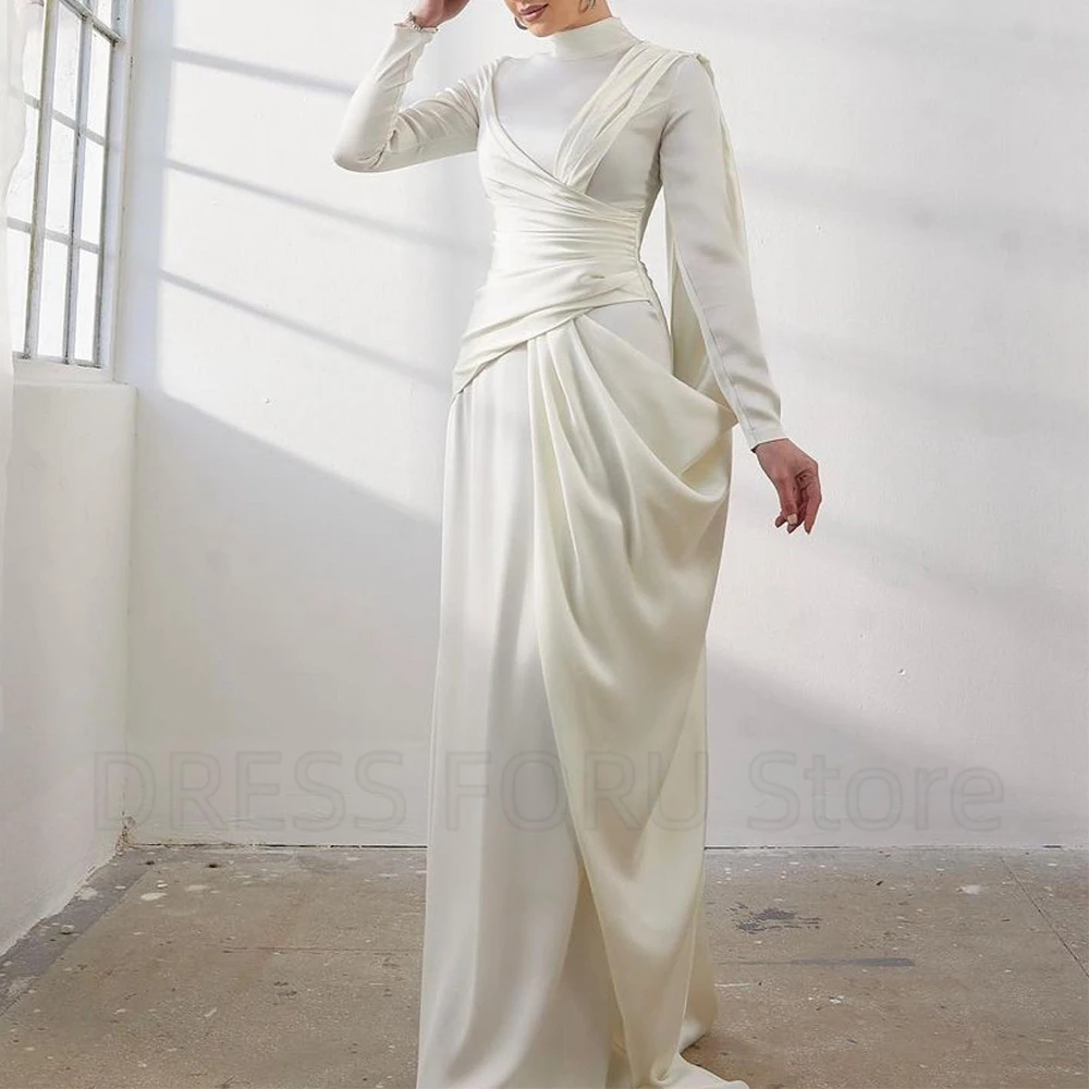 Classic Muslim Evening Dress High Neck and Long Sleeves with Pleat Floor Length vestidos de fiesta elegantes para mujer2024