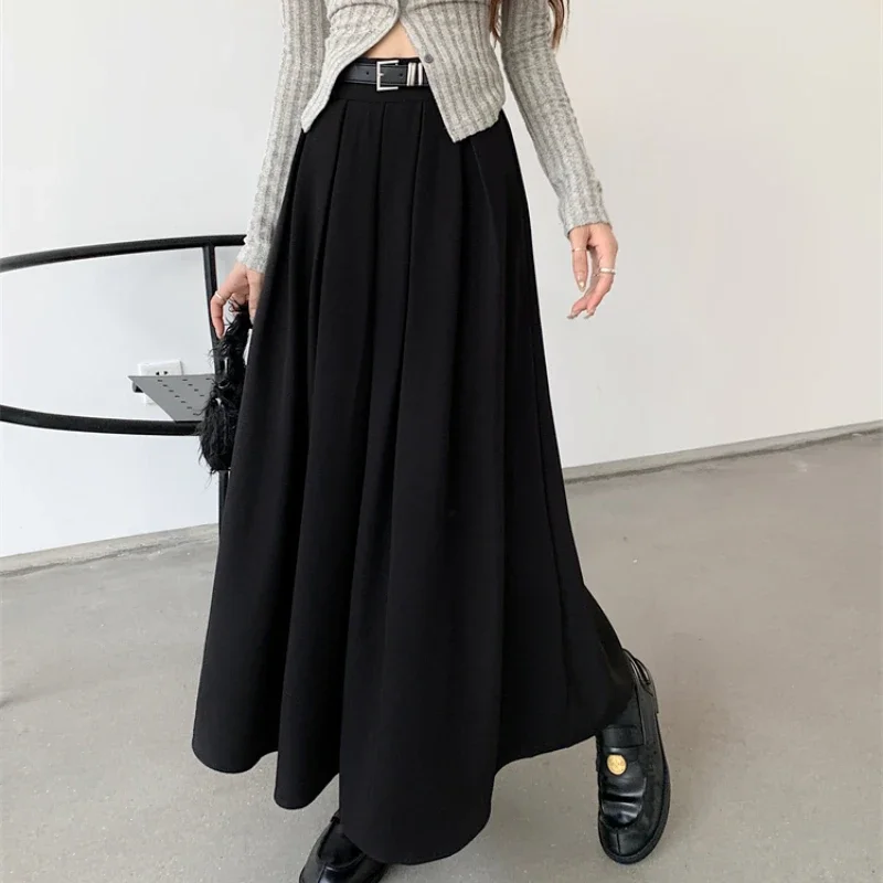 2024 New Women Solid Color Versatile Mid-length Pleated Skirt Large Swing Type Skirt Female Long Skirts for Women