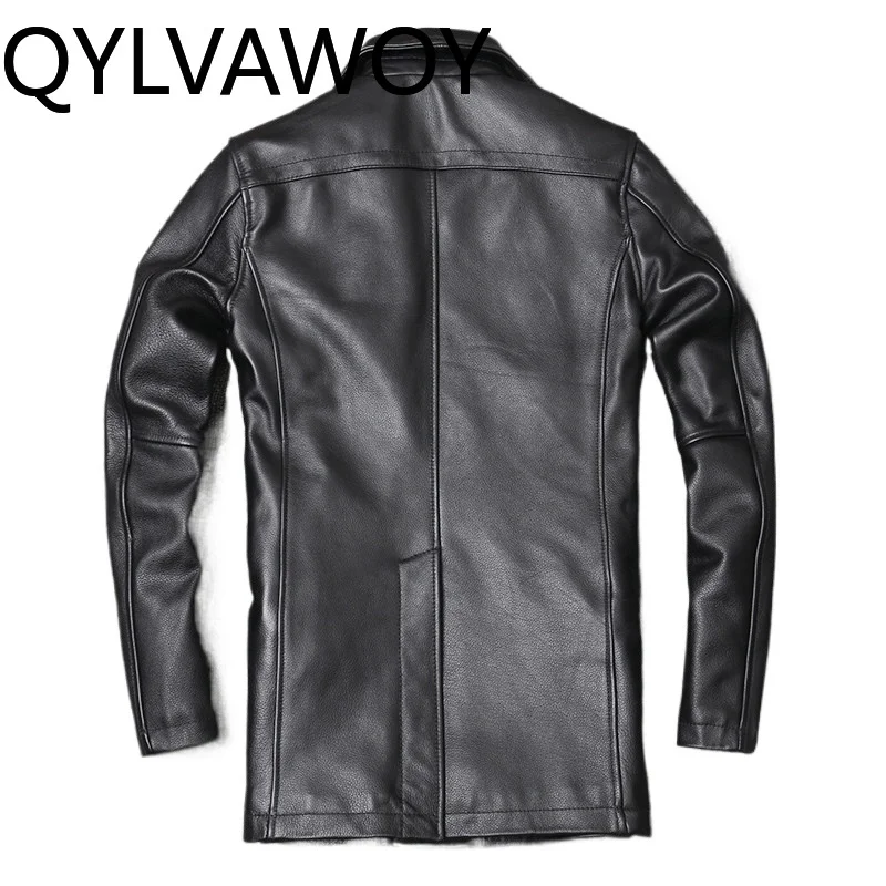 QYLVAWOY 100% Genuine Leather Jacket Men Korean Slim Fit Mid-length Top Layer Cowhide Real Leather Trench Coat Double Breasted