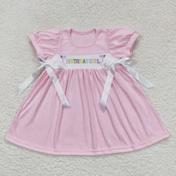 Wholesale Baby Girl Short Sleeves Birthday Smocked Embroidery Pink Cotton Dress Kids Children Boutique Toddler Bow Clothes