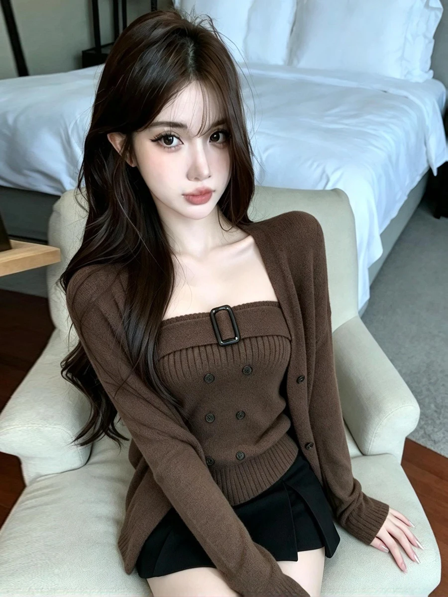 Korean Style Slimming Knitted Crop Top And Vest Two-Piece Set Double Row Button Design One-Shoulder Sweater for Women - view 4