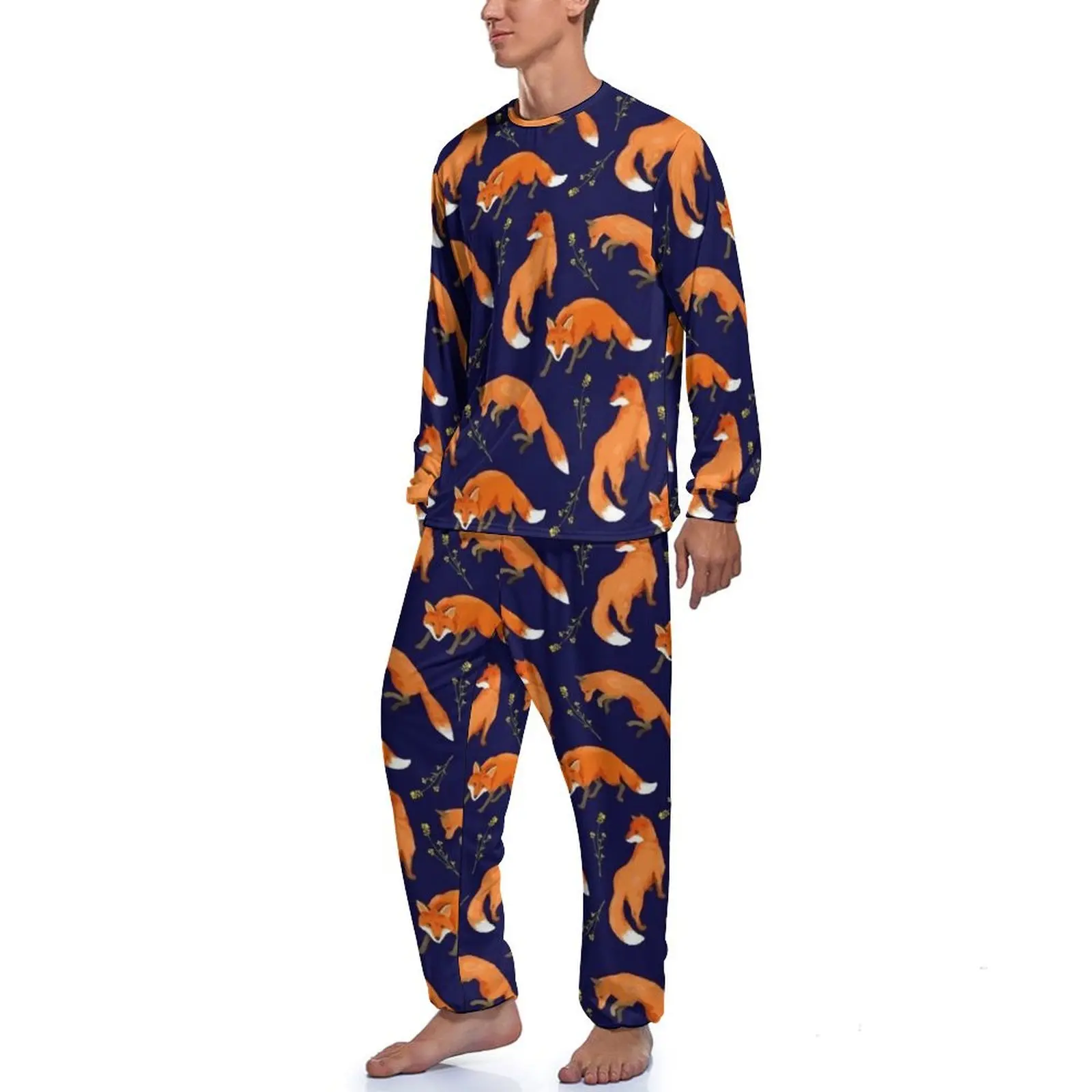 Red Fox Design Pajamas Spring Floral Print Casual Nightwear Male 2 Pieces Design Long Sleeves Kawaii Pajama Sets