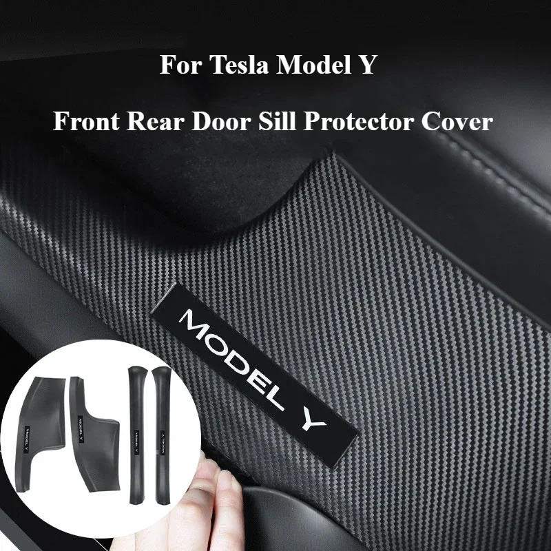 For Tesla Model Y 2024 Car Anti-Dirty Bumper Kick Pad Carbon Fibre ABS Anti Kick Pedal Guards Inner Strip Threshold Protection