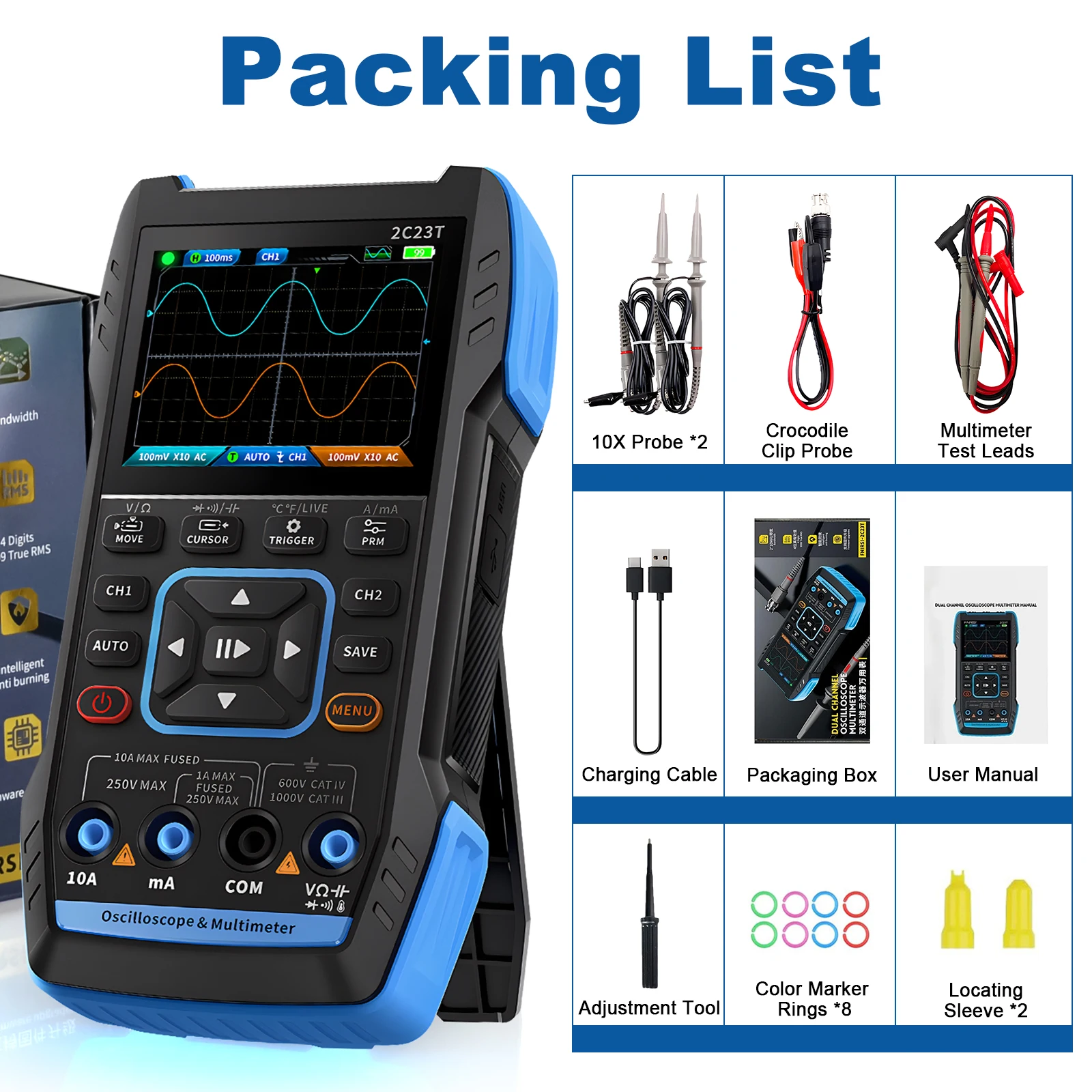 2C23T 3 in 1 Oscilloscope Multimeter DDS Generator, 2 Channels, 10MHz Bandwidth, 50MSa/s Sampling Rate,9999 Counts, AC&DC Meter