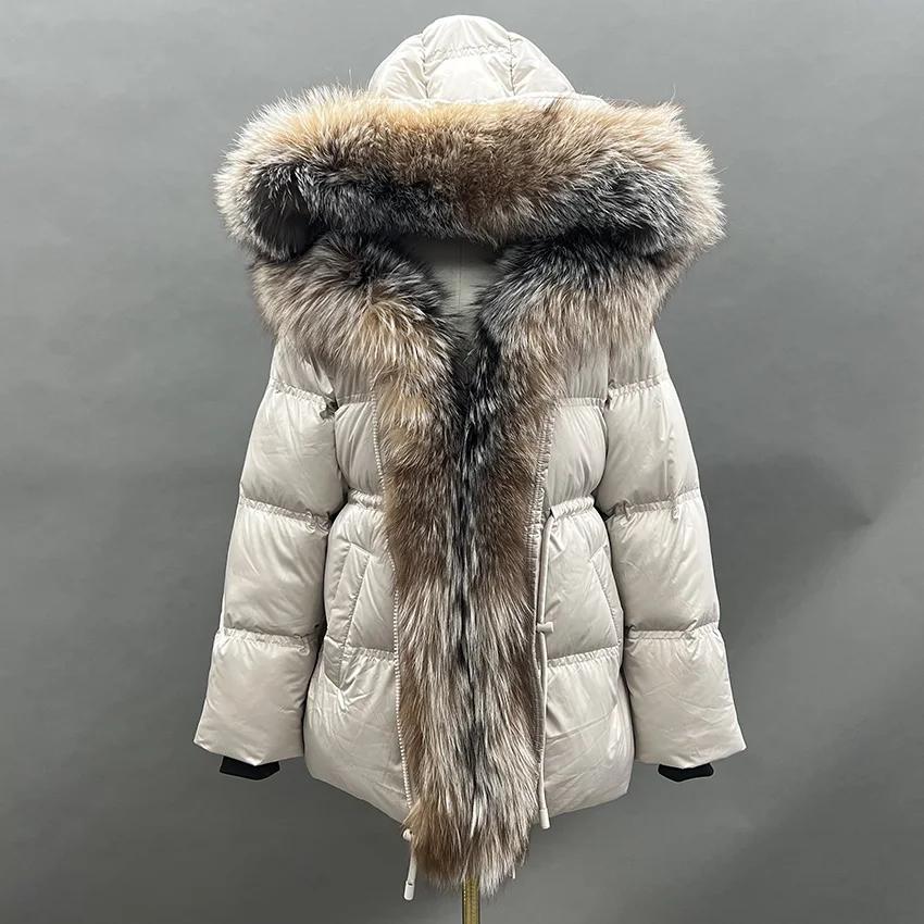 

JANEFUR 2025 New Golden Island Fox Hooded Puffer Jacket Women Thicken Winter Warm Coat White Goose Down Mid Long Parka Fashion