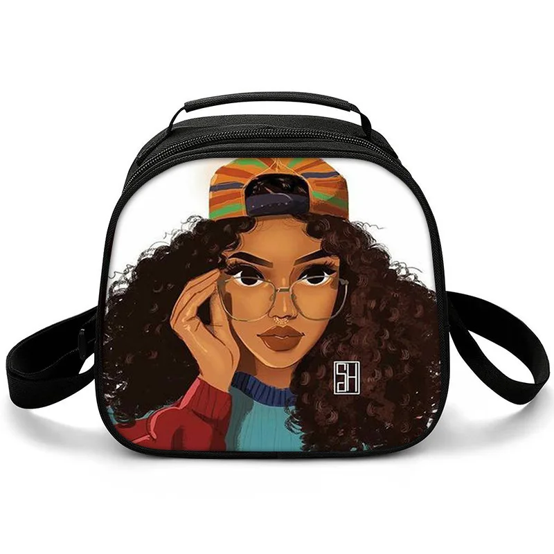 

Trendy Crossbody African girls Semicircle Lunchbox Thermal insulation Food Lunch Bag 3D Printed Insulated Handbags Ice Bags
