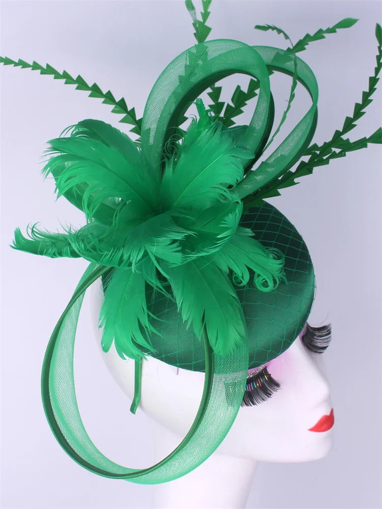 السيدات الملكي أسكوت فاتحة قبعة الزفاف ريشة قبعة أغطية الرأس النساء الكنيسة حفلة علبة حبوب منع الحمل مع رباطات العروس حفلة قطع زينة #2