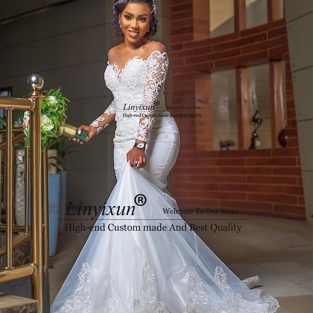 

Elegant Lace Mermaid Wedding Dresses for Bride Tulle Applique Bridal Gowns Customized Long Sleeves vestido de novia gótico