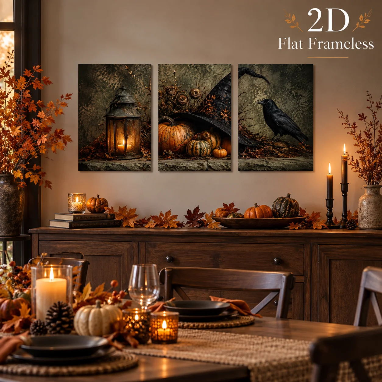 3 Halloween scenes including lit lanterns, pumpkins, witch hats, and ravens 2D flat printed frameless paintings