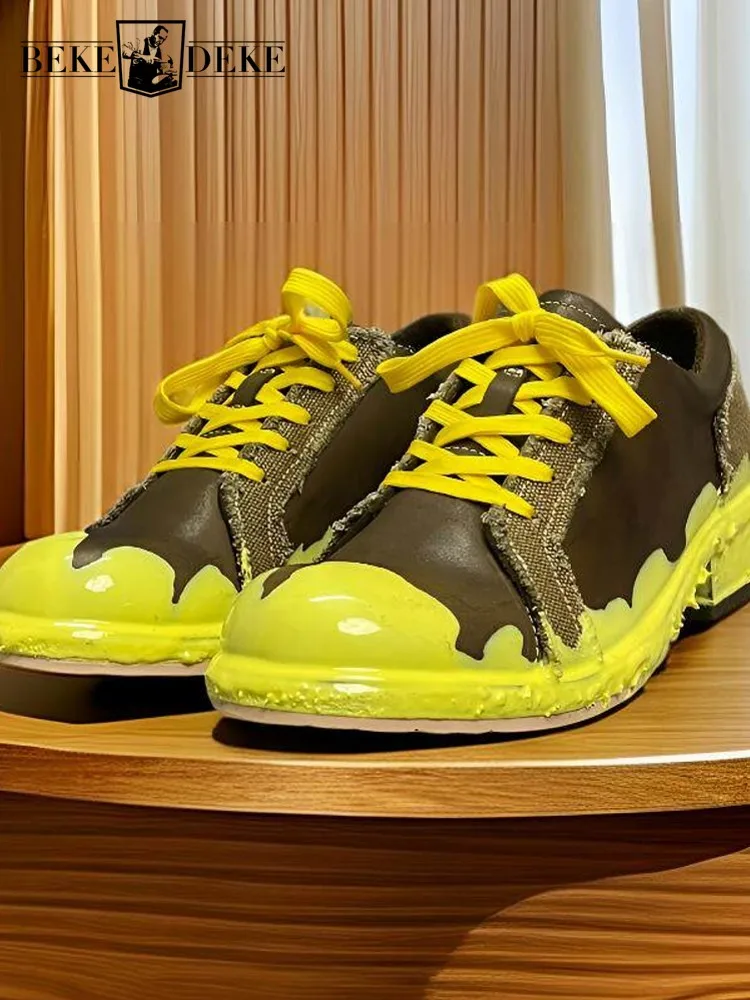 

Handmade Mens Cowhide Genuine Leather Shoes Spliced Mixed Colors Fashion Work Formal Dress Shoes Spring New Designer Derby Shoes