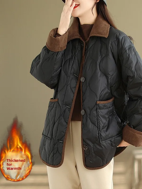 جايت قطني خفيف الوزن مع ألوان متباينة بنمط ألماس وياقة مقلوبة كاجوال للنساء في الشتاء... #2