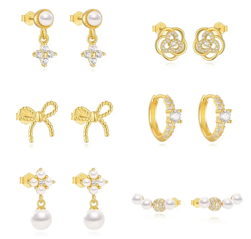 VAL S925 Silver Earring Women Gold Fried Dough Twists pattern hollow bowknot flower zircon fashion earring jewelry أقراط فضية