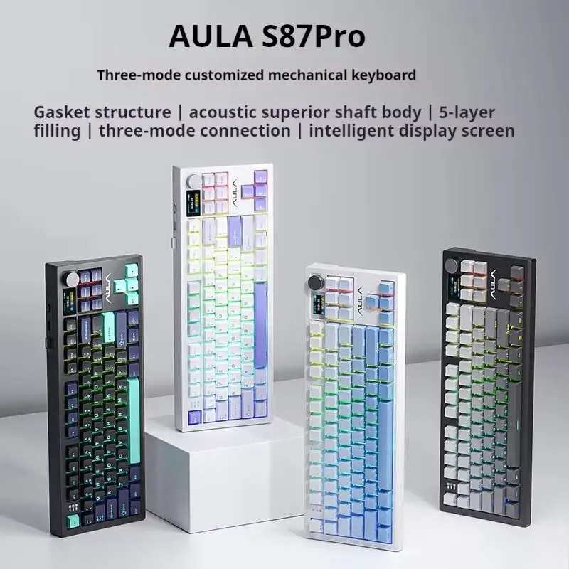 AULA S87Pro Mechanical Keyboard Tri-mode Bluetooth Hot Swap Gasket TFT Screen Wireless 87 Key Gaming Keyboards Pc Accessories