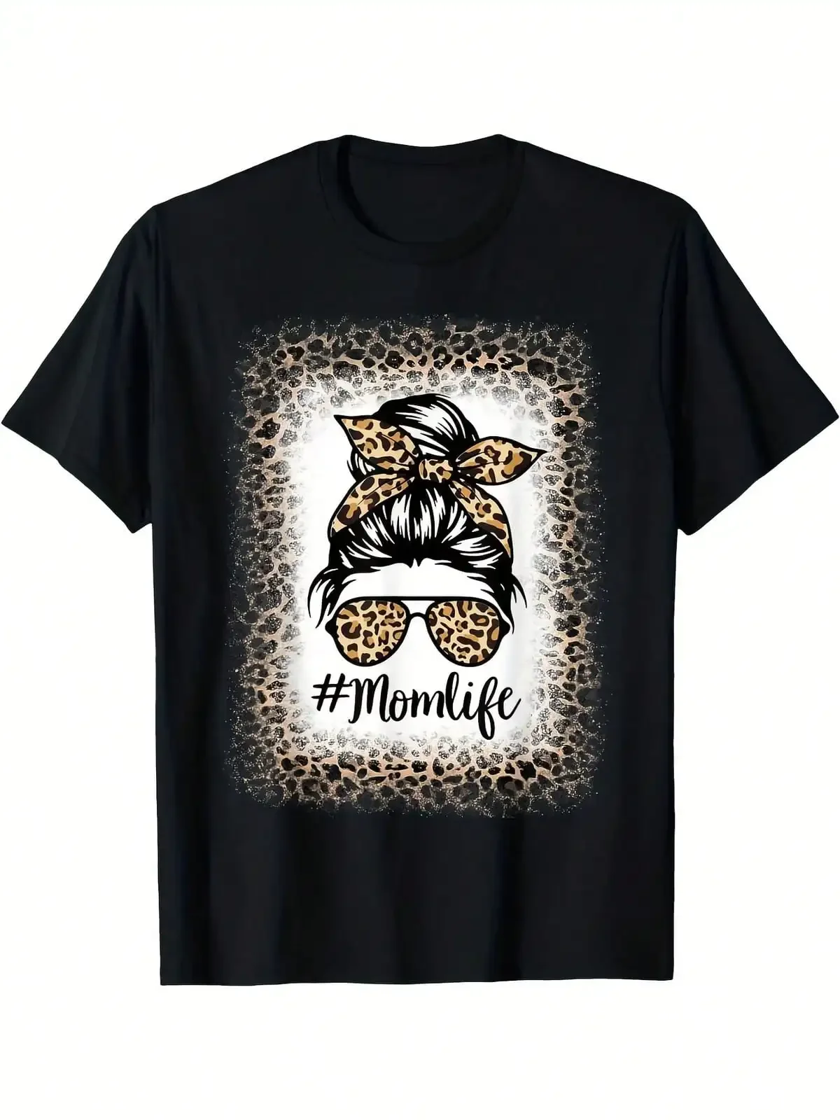 Mom Life Bleached Messy Bun Women Leopard Mothers Day Mama T-Shirt Comfortable Tee Graphic Print Shirt AllSeason Tee For Everyday Outdoor Activities,Breathable And Comfortable Short-Sleeved Round-Neck Top, Suitable For All Seasons, Everyday Wear For Women