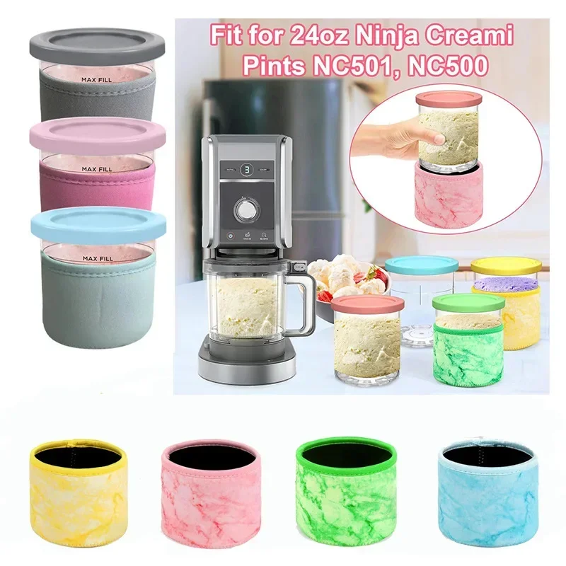 4 Pack 24oz Ice Cream Neoprene Reusable Sleeve Creami Accessories for Ninja NC501,NC500 Series Deluxe Ice Cream Maker Containers