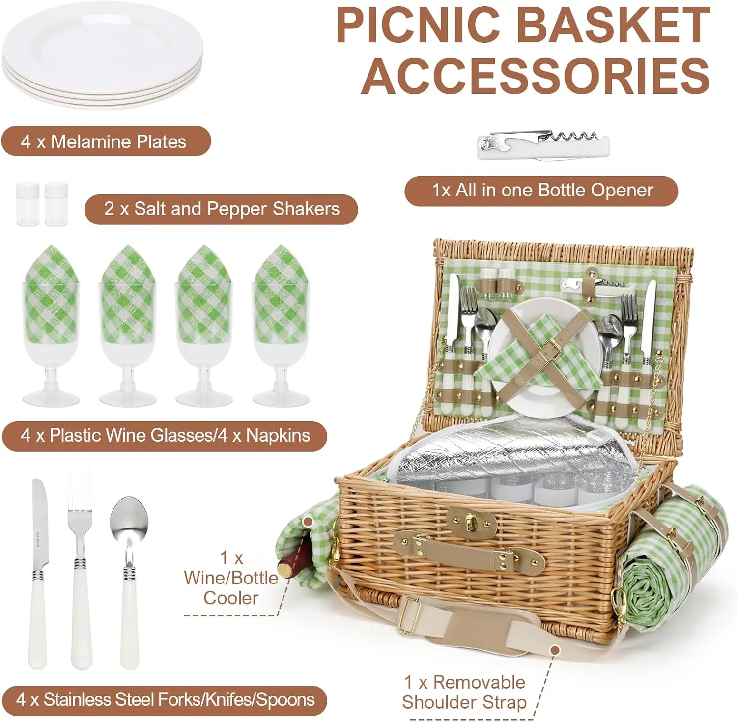 Insulated Willow Picnic Basket for 4 with Shoulder Strap, Handmade Wicker Picnic Hamper and Waterproof Picnic Blanket, Outdoor Camping Picnic Set, Green Check