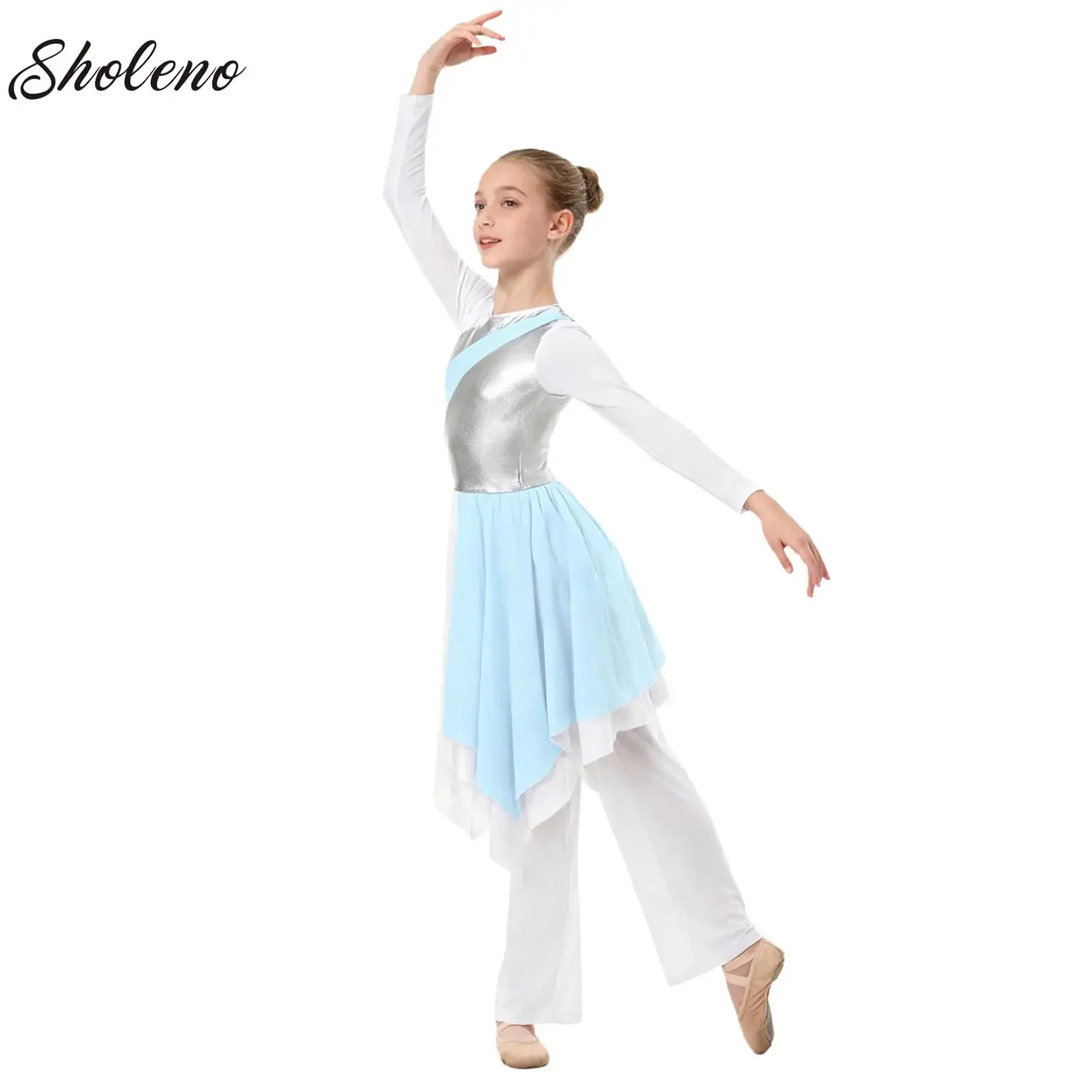 

Kids Girls Lyrical Dance Performance Costume White Long Sleeve Praise Dance Dress Liturgical Tunic Church Worship Choir Pants