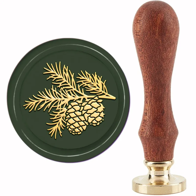 1PC  Pine Cones Wax Seal Stamp Pine Branches  30mm Removable Brass Head Sealing Stamp with Wooden Handle for Invitations