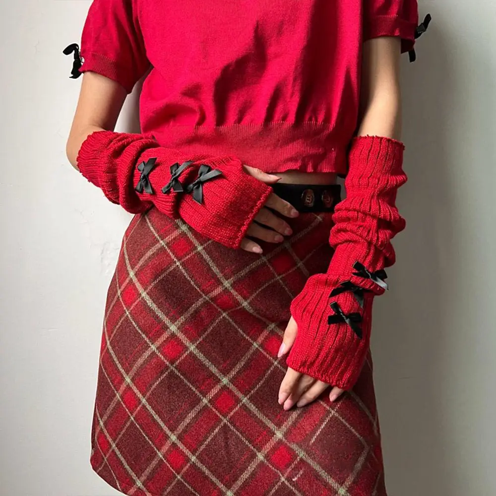 

Гетры для рук в стиле панк в стиле Лолиты с бантом, японские готические перчатки без пальцев в стиле Харадзюку Y2K, милые женские перчатки без пальцев