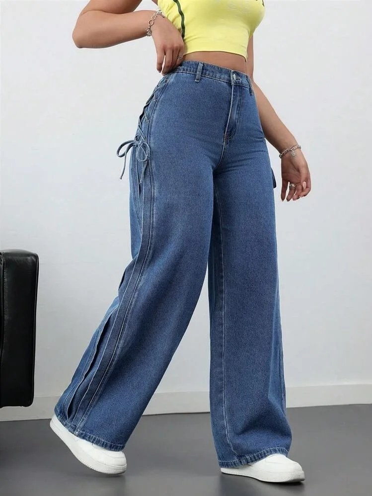 High Waist Straight Leg Denim Jeans Women's  Knot Side Tie Design Sensual Casual High Waist Straight Tube Jeans