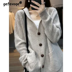 Loose Oversize Retro Rhombic Fried Dough Twists Wool Cardigan Women's Thickened Sweater Autumn and Winter 2023 New Knitting Coat