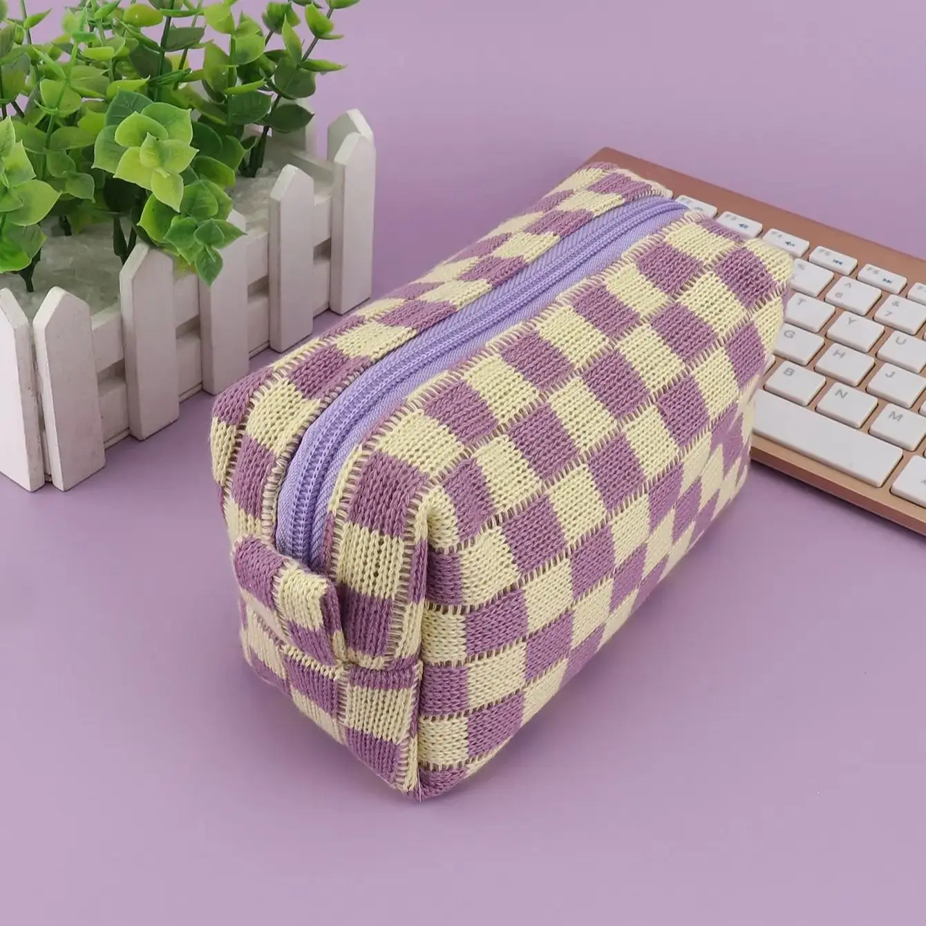 Gestricktes kariertes Federmäppchen, großes Federmäppchen mit Reißverschluss für Schule und Büro, ästhetische Organizer-Tasche, Geschenk für Schülerinnen