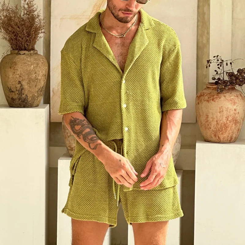 Summer Solid Breathable Knitted Set Men Casual Button Lapel Shirt Top and Drawstring Shorts Suit Spring Loose Men\'s Home Outfits