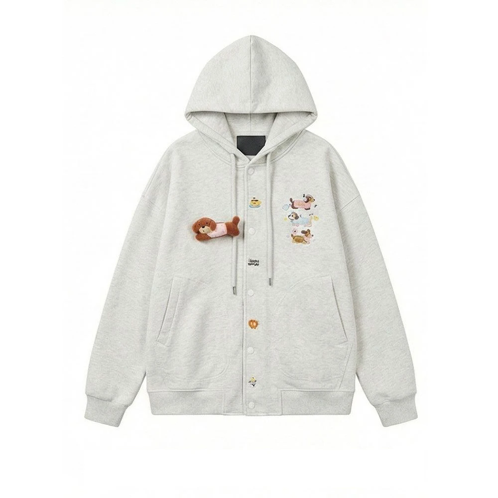

Large Size 300 Pou Sausage Dog Embroidered Button Cardigan Sweatirt ex Spring Autumn Winter Korean Sle Hooded Jaet