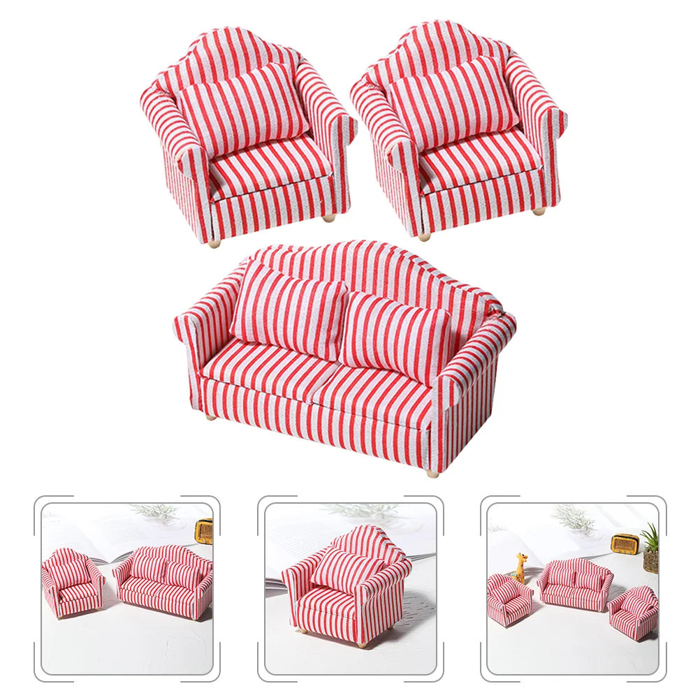 

3 Pcs Miniature Sofa Set Stripe Arm Chair Toy Furniture Living Room Decor Cotton Fabric Multipurpose Home Party Office